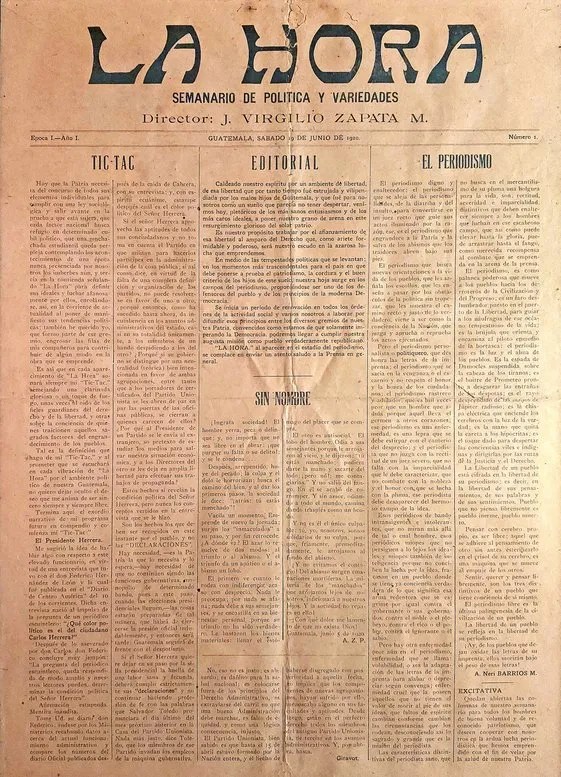 Primer ejemplar de "La Hora" y su fundador, Clemente Marroquín Rojas.