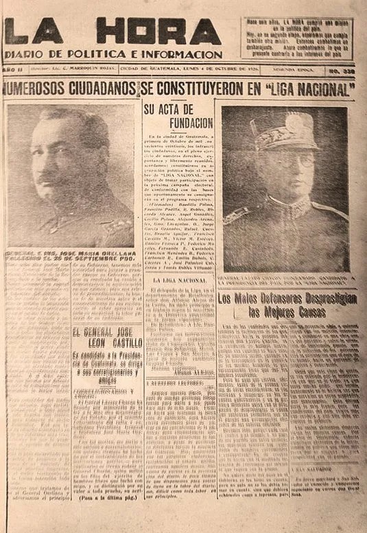 Edición de La Hora durante la campaña entre Lázaro Chacón y Jorge Ubico.